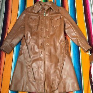 Vtg 70s Mod Brown Faux Leather PVC Trench Coat